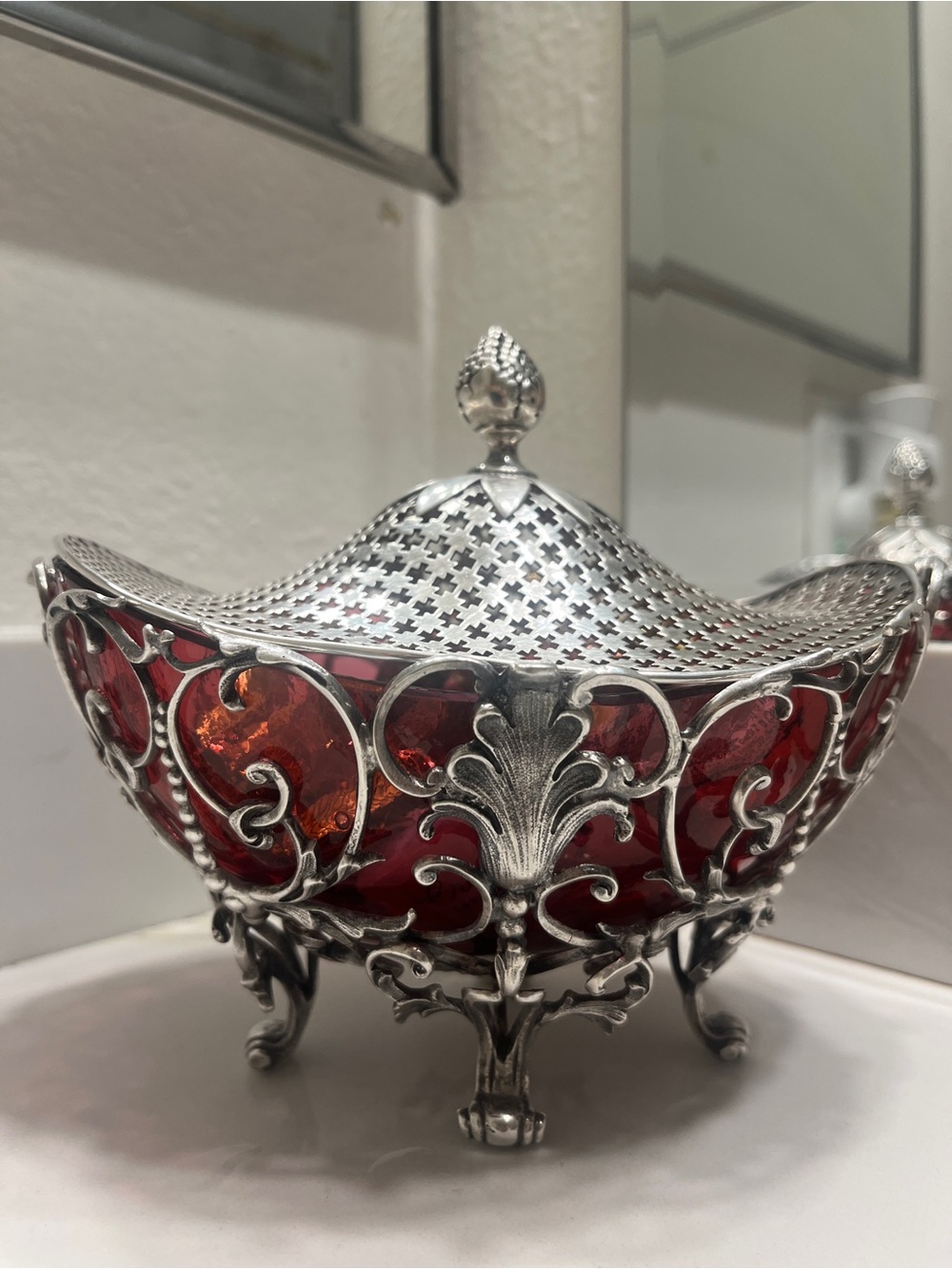 Red Glass and Silver Filigree Covered Decorative Dish